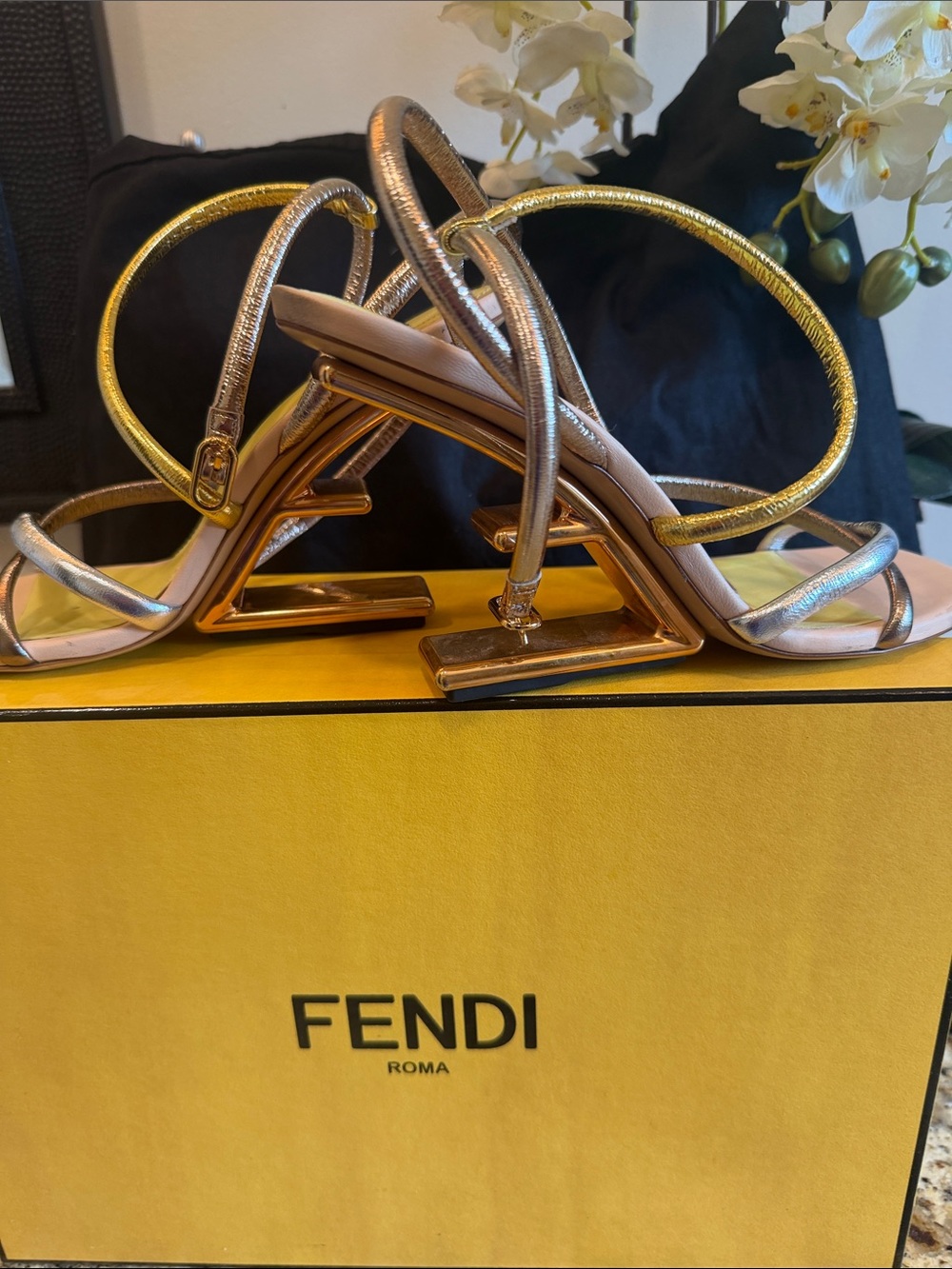Fendi Silver and Gold Sculptural Heel Strappy Sandals